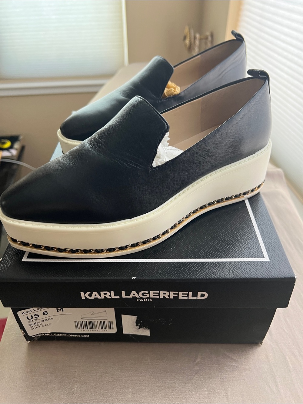 Karl Lagerfeld Black Leather Slip-On Platform Sneakers with Chain Trim Size 6